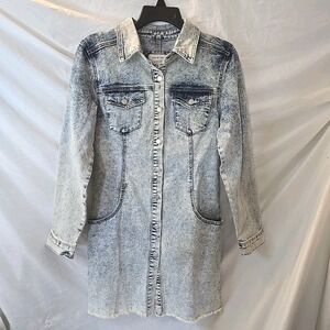 Uniq By Litz Dress Acid Wash Denim Rough Hem Stretch Pockets Long Sleeve Y2K‎ S